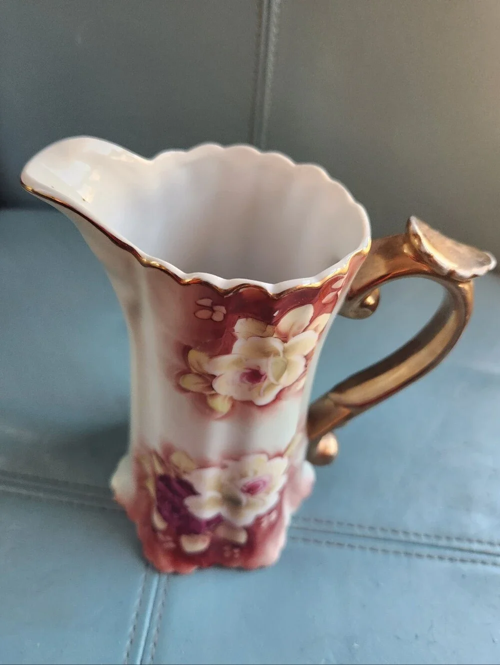 VTG NIPPON Hand Painted Pitcher JAPAN Floral Pale Green PINKS Vase Gold Trim EVC